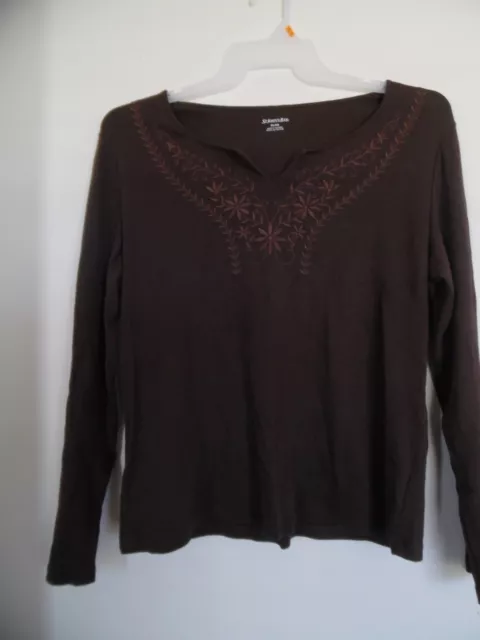 Women St John's Bay Brown Embroiderd  Knit Top Shirt Sz Xl