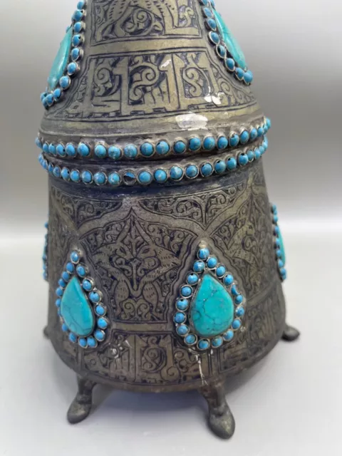 Ancient Islamic bronze vessel with turquoise wonderful stone gems super rare 3