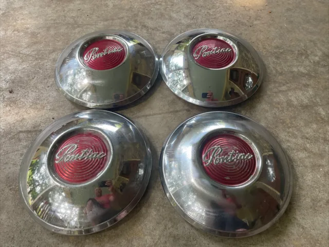 4 Vintage Pontiac 1949-50 Poverty Dog Dish Hubcaps 9-7/8”