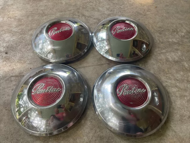 4 Vintage Pontiac 1949-50 Poverty Dog Dish Hubcaps 9-7/8” 4 Vintage Pontiac 1949-50 Poverty Dog Dish Hubcaps 9-7/8”