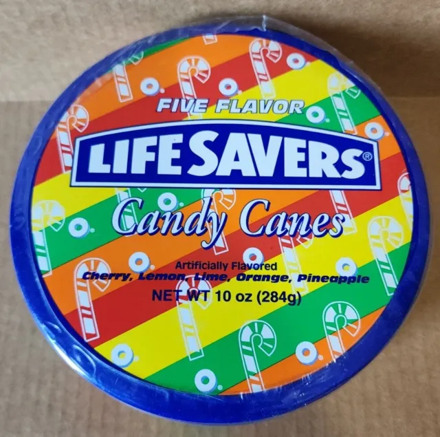 Vintage Five Flavor Life Savers Candy Canes Tin Round Canister New & Sealed