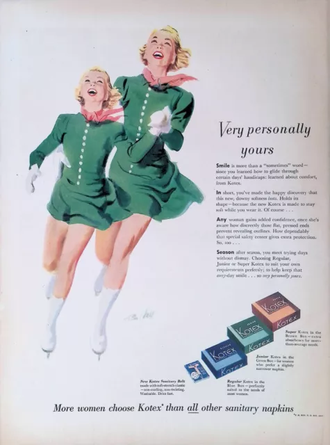 Print Ad 1950's Kotex Two Blonde Girls Ice Skating Matching Green Outfits Gloves