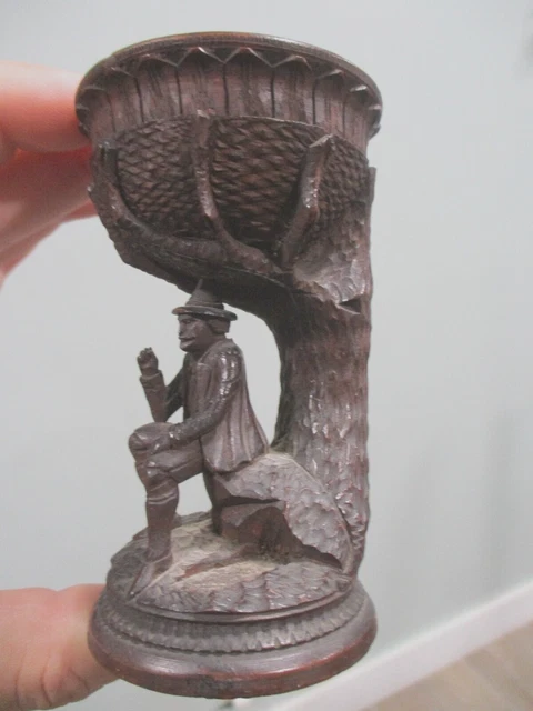 Hand Carved wooden old man sitting on tree stump salt dip trinket black forest