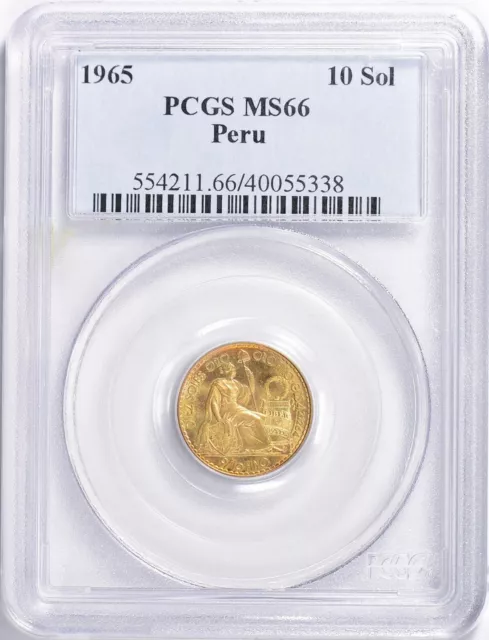 RARE ~ Peru ~ 1965 ~ Gold 10 Soles ~ AGW = 0.1356 OZ ~ PCGS ~ MS 66 ~$888.88-OBO
