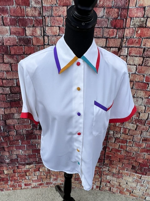 E.K. Designs Vintage 80s Women's White Secretary Geek Short Sleeve Blouse Small