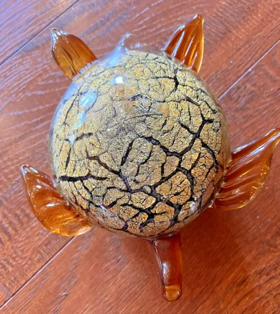 Beautiful  Murano Cristalleria d'arte Glass Sea Turtle Paperweight Amber GOLD