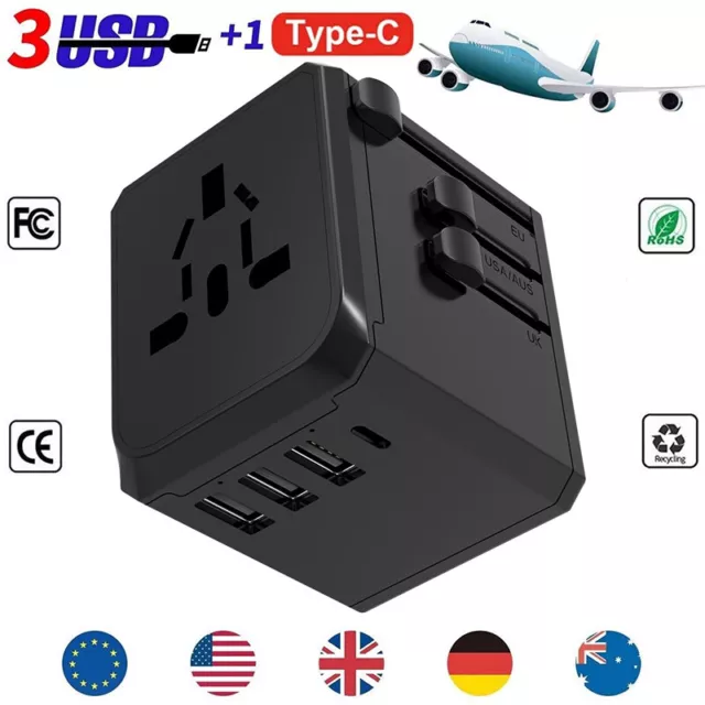 Universal Travel Adapter Worldwide Multi Plug UK EU AU US 3 USB Type C charger