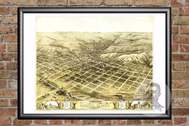 Vintage Council Bluffs, IA Map 1868 - Historic Iowa Art Old Victorian Industrial