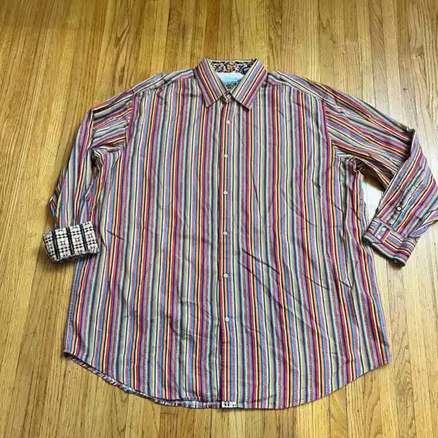 Robert Graham Shirt Men 3XLB Big Bright Stripe Flip Cuff Polyester Silk