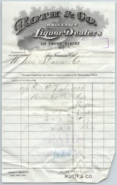 c1908 Roth & Co. Liquor Invoice to Levi Strauss San Francisco Billhead