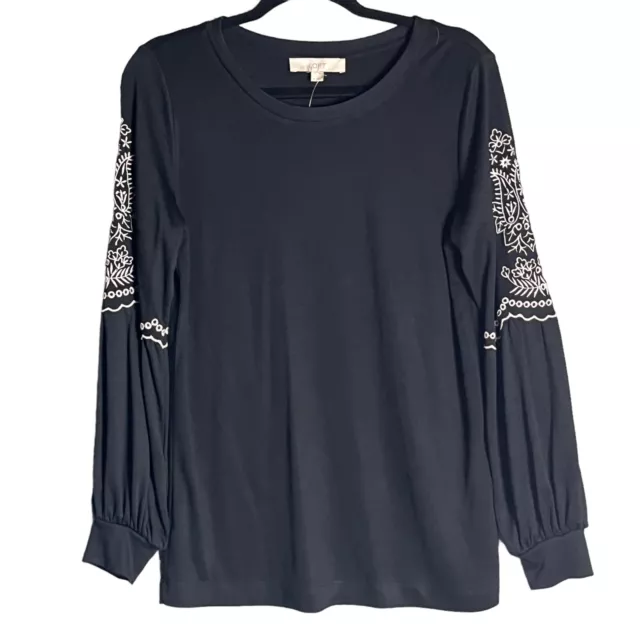 Loft Womens Top Medium Black Long Sleeve Embroidered Boho Blouse Peasant NEW