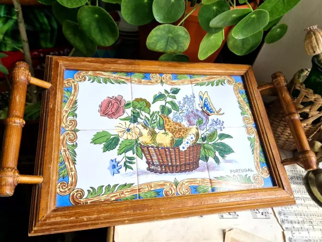 Vintage Wooden Serving Tray & Portugal Ceramic Tiles Floral Fruits Basket Rustic