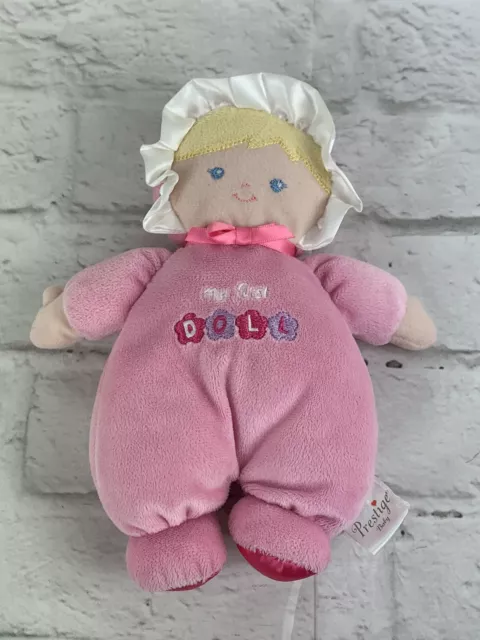 Prestige Baby My First Doll Plush Rattle Pink Blonde Hair Blue Eyes 8" Lovey