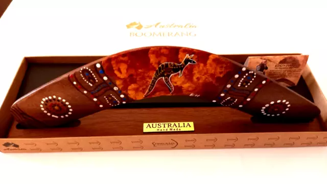 12" Australia Aboriginal boomerang with Stand in Box Souvenir with Unique Art