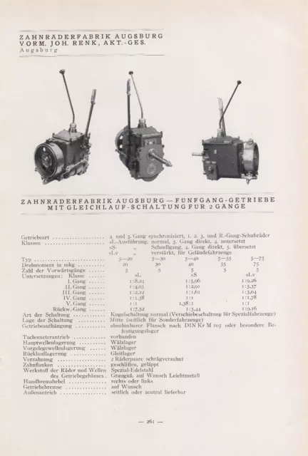 AUGSBURG, Typentafel 1935, Zahnrad-Fabrik Augsburg vorm. Joh. Renk AG Fünfgang-G