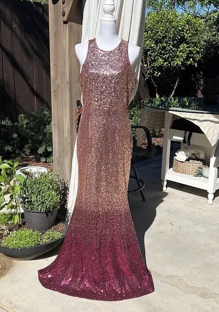 LULUS OMBRE SEQUIN Strapless Maxi Gown Dress Burgundy Rose Gold