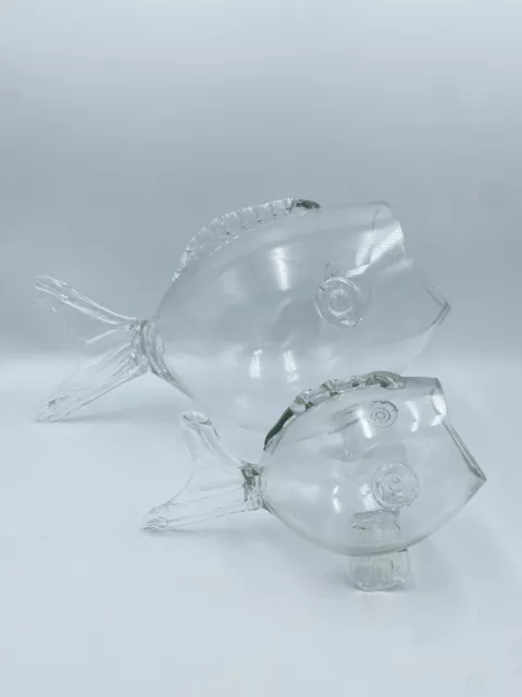 Vintage Art Glass Hand Blown Pair Of Fish Vase Bowl Terrarium Blenko Style