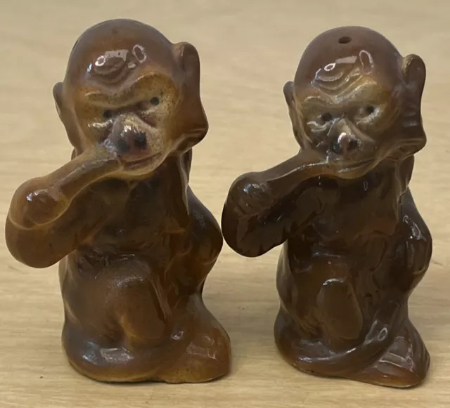 Vtg Porcelain Monkey Salt Pepper Shakers. Japan