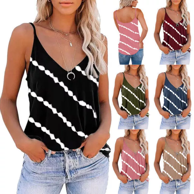 Womens Striped Sleeveless Vest Tank Top T Shirt Summer Casual Spaghetti Blouse