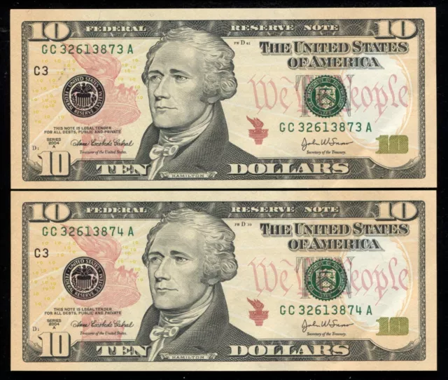 (2) Consecutive 2004-A $10 Frn Federal Reserve Notes Philadelphia, Pa Gem Unc