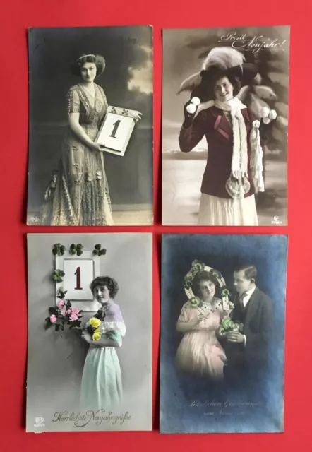 4 x Glückwunsch Foto AK NEUJAHR 1910/12 Frauen Mode Frisur Liebespaar ( 45568