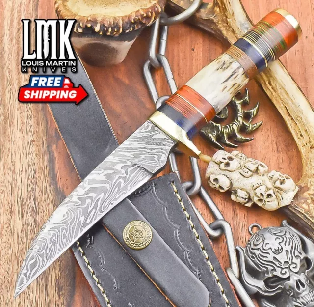 Hand Forged Hunting Skinner Knife Fire Damascus Stag Antler Brass Guard Tactical