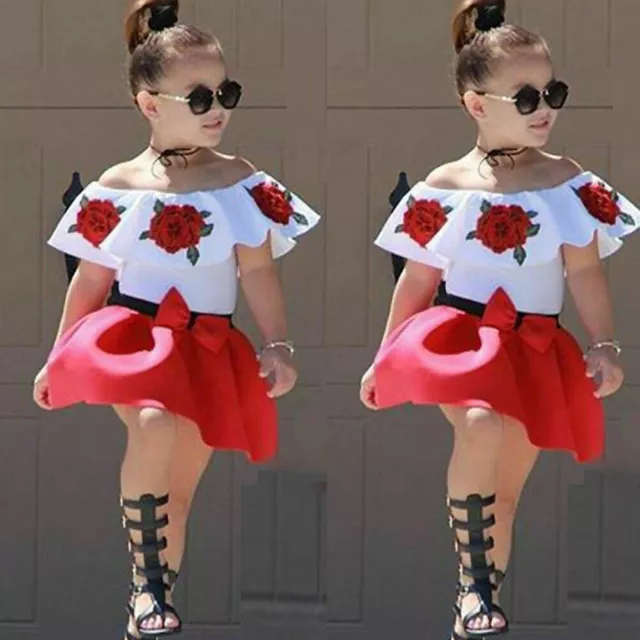 Toddler Baby Girls Short Sleeve Embroide Tops Floral Skirt Dress Outfits Clothes