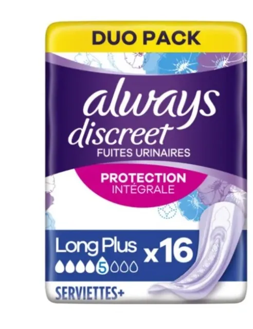 LOT DE 4 - ALWAYS - Discreet Long Plus Serviettes incontinence - Paquet de 16 se