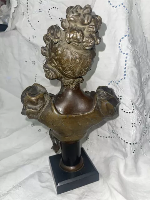 Art Nouveau Bronzed Bust Smiling Young Lady Sculpture Figure on Metal Base 3