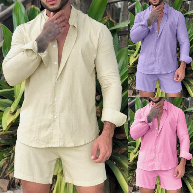 Mens 2 Pieces Cotton Linen Set Henley Shirt Long Sleeve and Casual Beach Pants