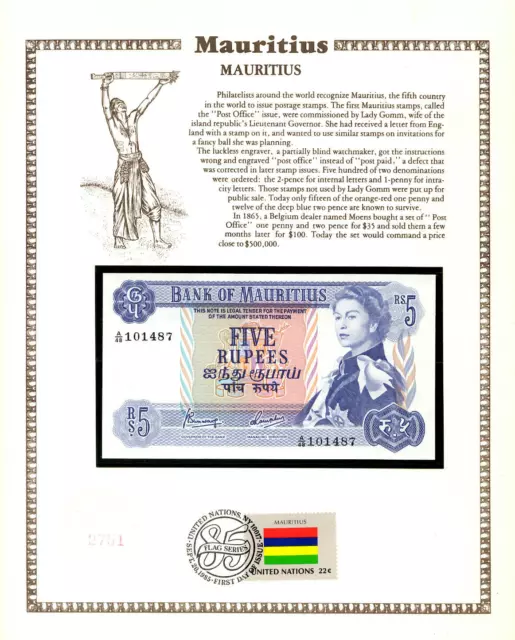 Mauritius Banknote 5 Rupees 1967 P-30c UNC w/FDI UN FLAG A/48 101487