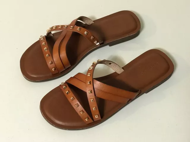 Women's Bamboo Strappy Studded Slides Sandals Flat Tan Cognac Size 8