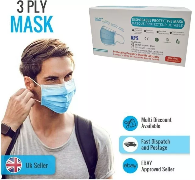 PREMIUM FACE MASKS BREATHABLE FOR NOSE AND MOUTH 3 PLY Pack of 5, 10, 20, 50 100