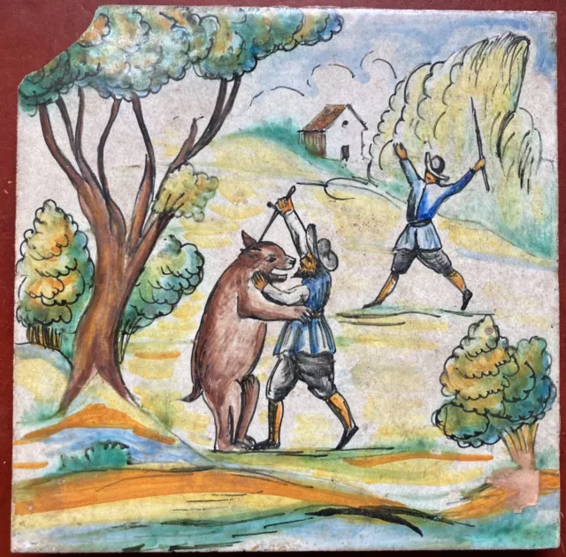 Large Antique DELFT Polychrome Tile man fighting bear, Rural setting 8 x 8