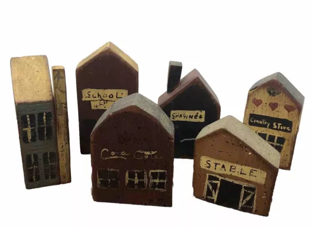 Primitive Folk Art Wooden Block Village Houses Lot Of 6 School General Store +