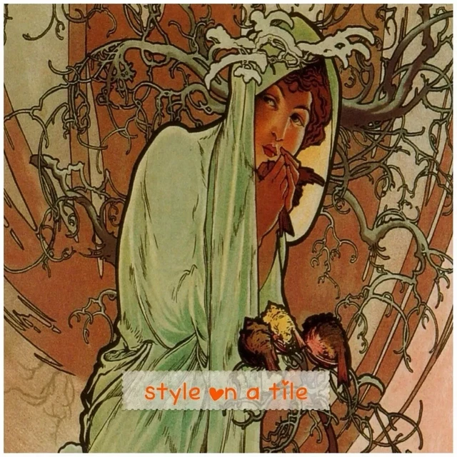 Jugendstil Alphonse Mucha Four Seasons Winter Lady 9 cm quadratisch Untersetzer Matte Auflage