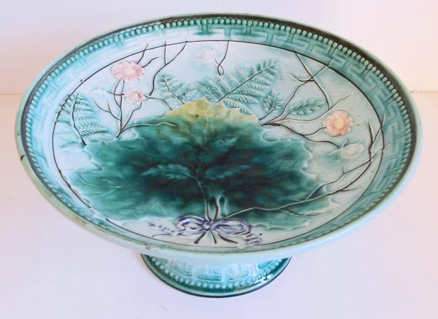 Antique Majolica Footed Compote Leaf Design Impressed S Mark