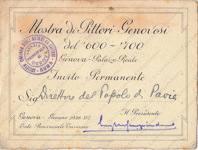 1938 Mostra Pittori Genovesi 600-700 Genova Invito permanente tessera
