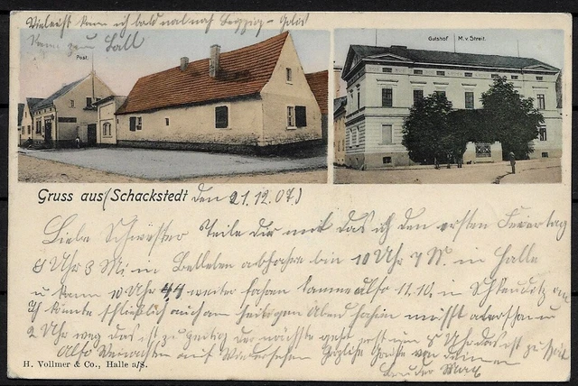 AK Gruss aus Schackstedt Aschersleben - Dorfstraße mit Post Gasthof Streit RARE