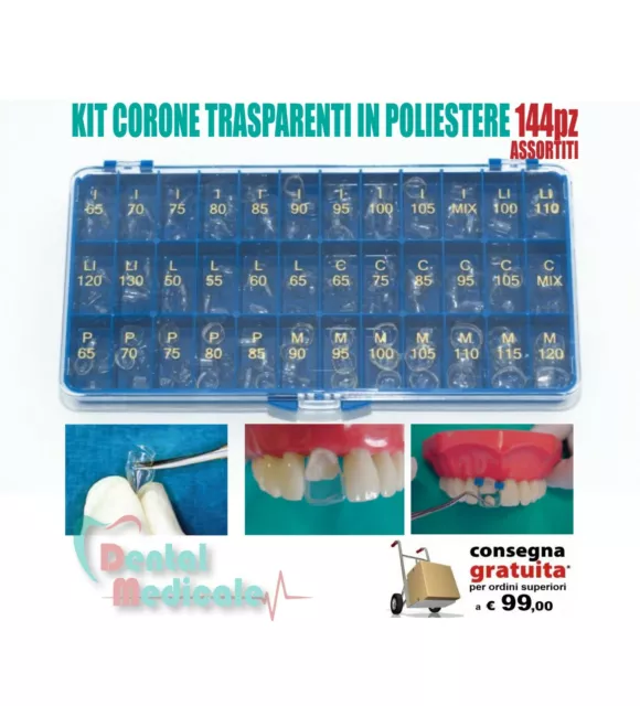 Kit corone dentali trasparenti in poliestere per ricostruzioni - 144pz assortiti