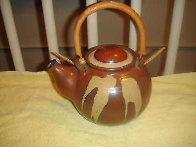 Art Pottery Teapot Bamboo Handle Signed Maya Glaze Brown Color Ceramic