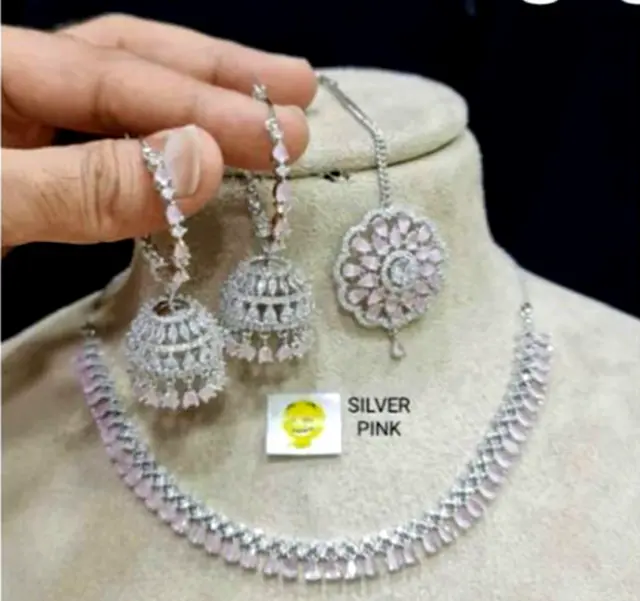 Designer Indian Bollywood Silver Plated Pink Necklace Jhumka Tika Set