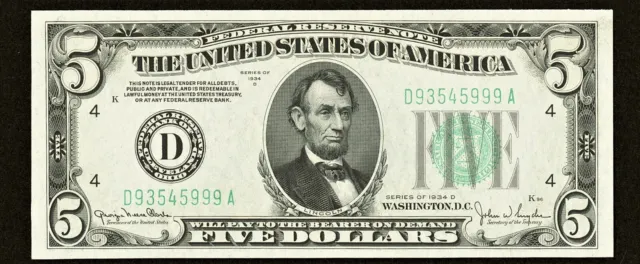 1934D $5 Federal Reserve Note  💲 crisp AU ~ Cleveland