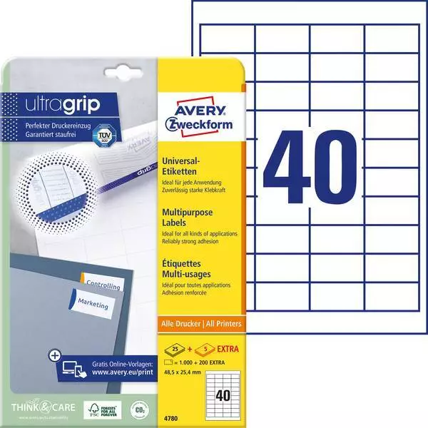 Avery-Zweckform 4780   Etichette 48.5 x 25.4 mm Carta Bianco 1200 pz. Permanente