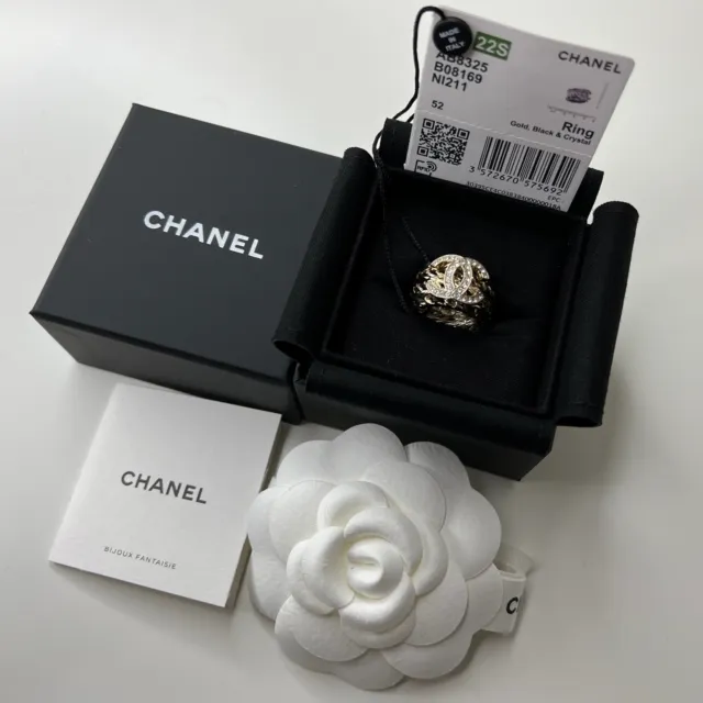 NWT 22S CHANEL Metal Lambskin Classic CC Logo Ring Gold Black Crystal Size  52 $1,125.00 - PicClick
