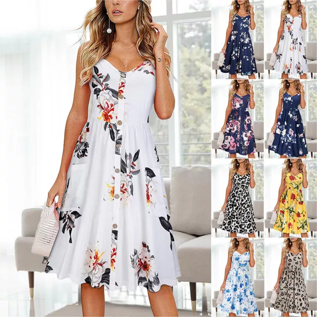 Women Floral Summer Midi Dress Ladies Holiday Beach Strappy Button Cami Sundress