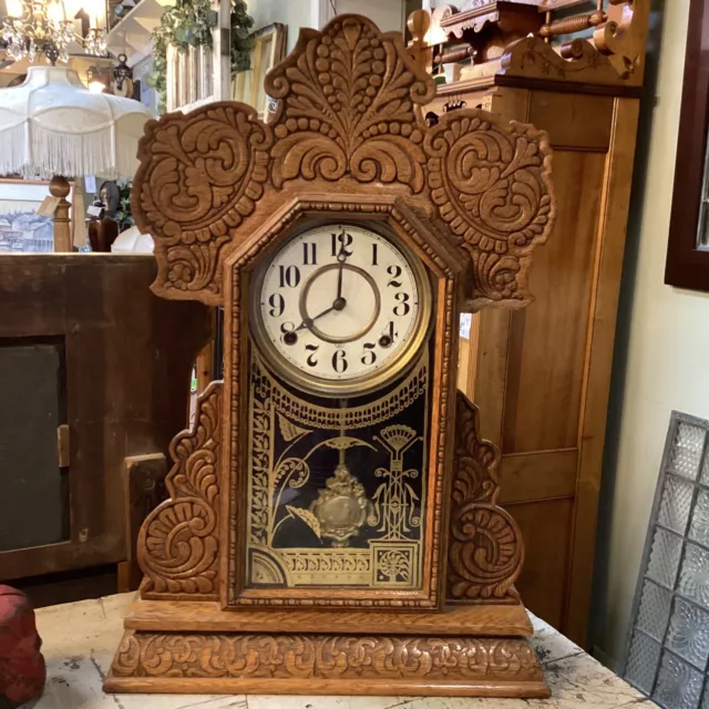 Antique Gingerbread Wood Mantle Ingraham Clock Pendulum Key 1880's Ornate Glass
