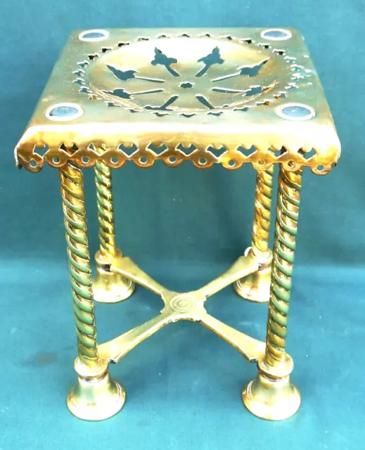 Antique Victorian Brass Gothic Revival Fireplace Trivet Stand Barley Twist Legs