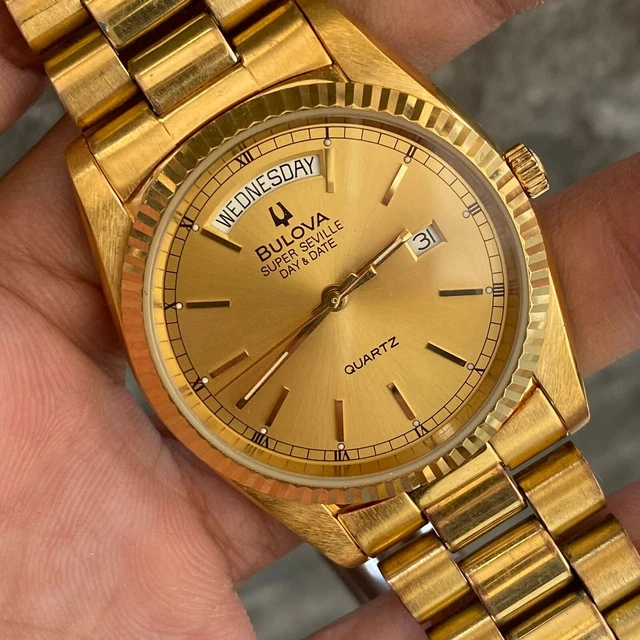 RARE BULOVA SUPER Seville Day Date President Gold Quartz 954933 Vintage ...