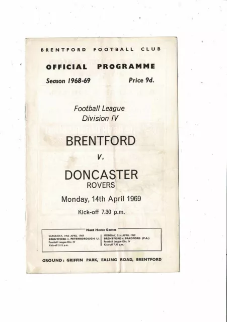 1968/69 Brentford v Doncaster Rovers Football Programme